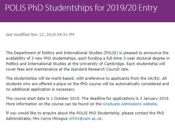 Polis Phd Studentships For Uk Eu Students At University Of